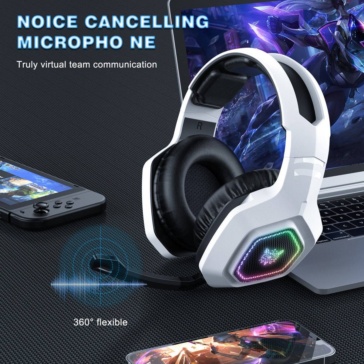 ONIKUMA B100 gaming headset with a 360-degree flexible noise-canceling microphone for clear virtual team communication.
